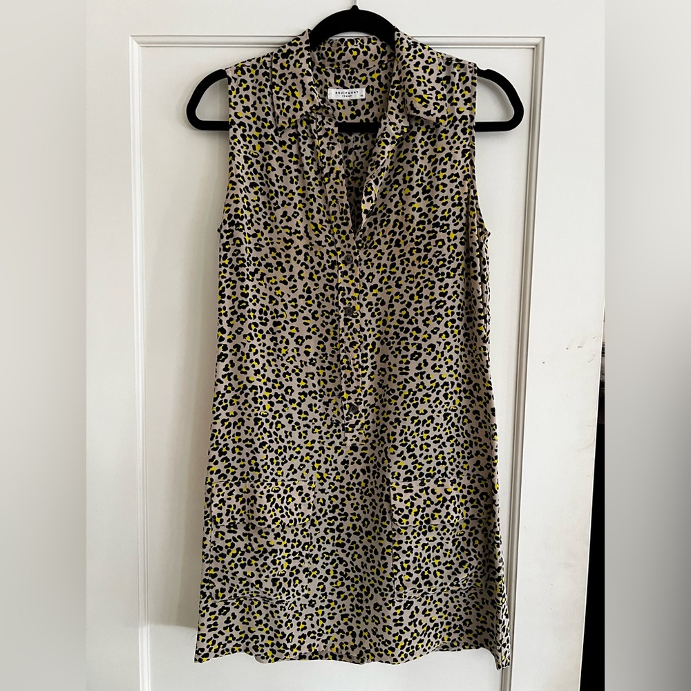 Equipment Sleeveless 100% Silk Mini dress.  Leopard print with neon yellow.